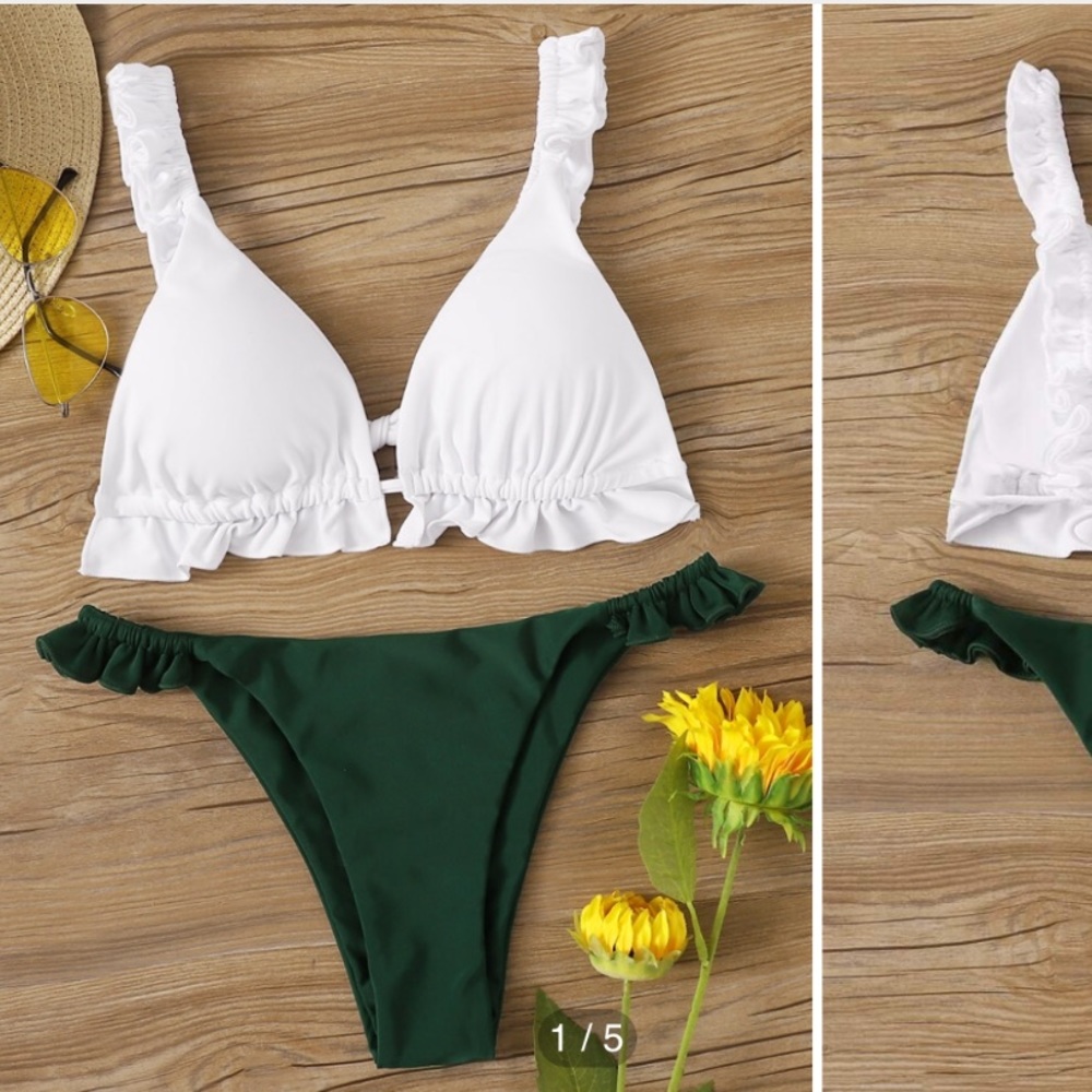 Frill Top & Ruffle Green Bikini Set SHEIN